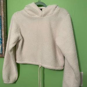 Fuzzy white cropped hoodie with drawstrings at waist, size small Wild Fable